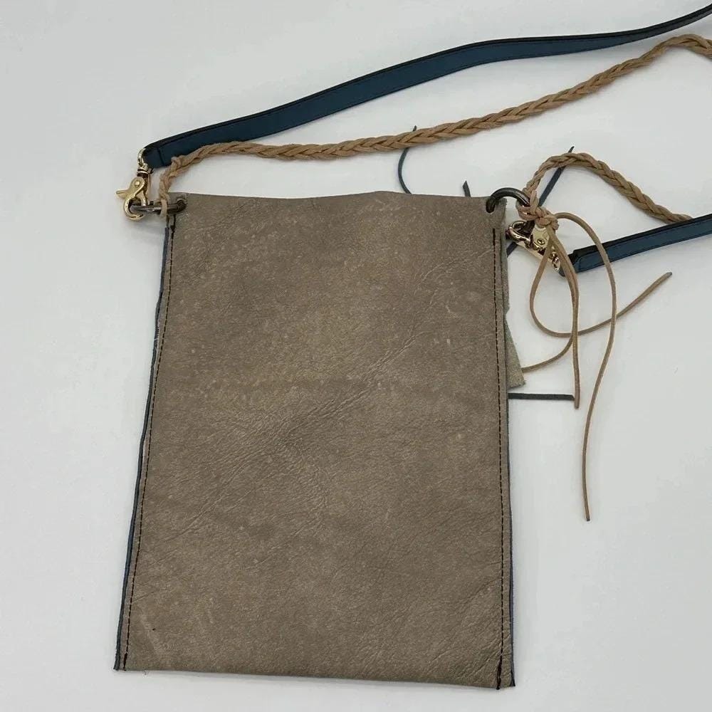 Echoes Handmade Raw Edge Leather Crossbody Bag Taupe Fringe Tassel Boho - Picture 5 of 9